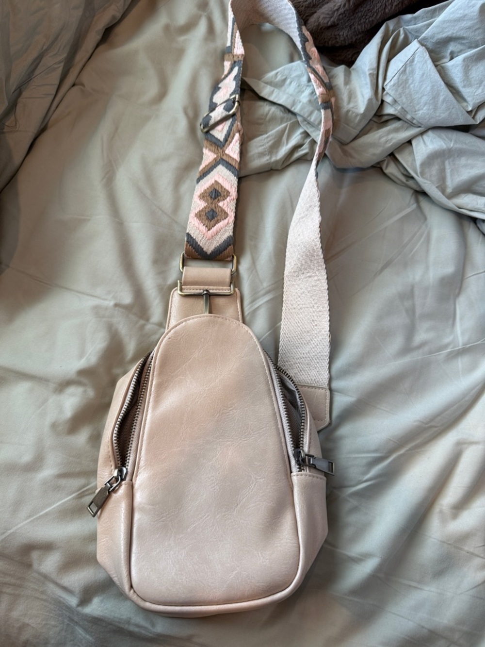 Women’s Cream Crossbody Sling Bag with Embroidered Strap